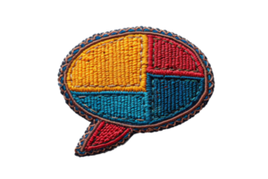 Colorful embroidered speech bubble patch with geometric pattern, featuring vibrant yellow, red, and blue sections on a black background. png