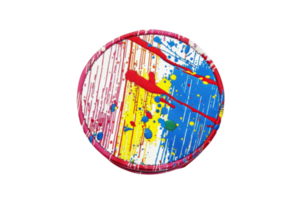 Colorful abstract painting in a circular frame featuring splatters and lines of bright red, yellow, blue, and green on a transparent background. png