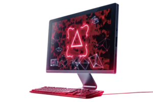 Futuristic computer screen displaying red digital geometric shapes with a triangle in the center, emphasizing high-tech and cyber themes. png