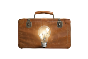 Creative idea for travel concept with a lightbulb on vintage leather suitcase, symbolizing innovation, journey, and inspiration. png