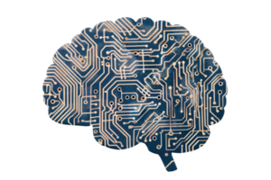 Conceptual image of a brain with a circuit board pattern, representing artificial intelligence and technology integration. png