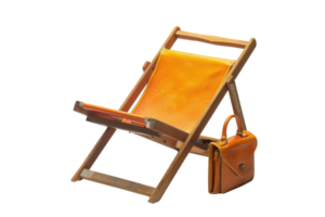 Foldable wooden beach chair with orange fabric and a leather bag on transparent background. Ideal for summer, travel, and relaxation themes. png
