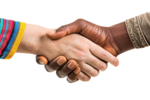 Close-up of a diverse handshake symbolizing unity, cooperation, and agreement, with hands of different skin tones in vibrant clothing. png