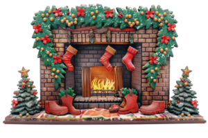 Festive Christmas fireplace with stockings, decorated with holly and garland, creating a warm holiday ambiance. png