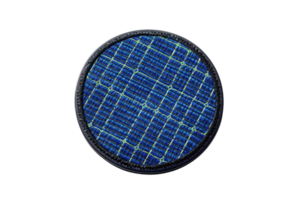 Close-up of a circular solar cell, showcasing blue textured surface and intricate grid pattern, isolated on a transparent background. png