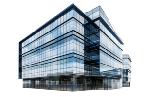 Modern glass office building with sleek design, showcasing contemporary architecture and reflective windows. png