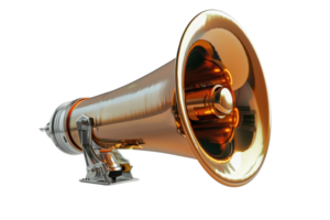 Close-up of a vintage brass horn with intricate details and shiny metallic finish, isolated on a transparent background. png