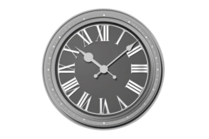 A classic round wall clock with a gray face and white Roman numerals, perfect for home or office decor, displaying the time clearly and elegantly. png