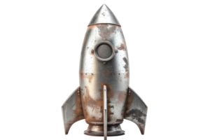 Rustic vintage metal rocket model with a weathered look, perfect for retro decor or science fiction themes. png