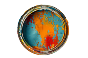 Top view of a colorful, used paint can with a mix of vibrant orange and blue remnants. Ideal for artistic and creative concepts. png