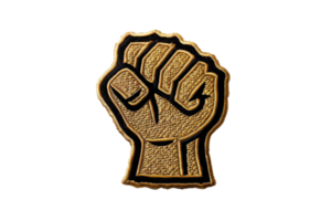 Golden raised fist emblem symbolizing strength and solidarity on a clean, transparent background. Perfect for designs representing empowerment. png