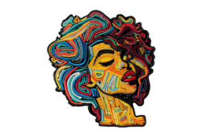 Colorful abstract portrait of a woman with intricate patterns and vibrant hues, symbolizing creativity and diversity in artistic expression. png