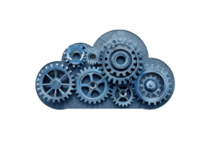 Conceptual image of cloud computing with interconnected gears, symbolizing technology, collaboration, and data management. png