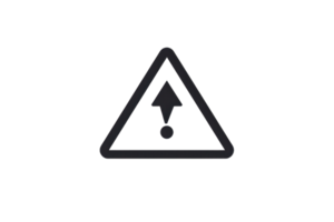 icon of a caution sign with an upward arrow and exclamation point. Black warning symbol on a transparent background. png