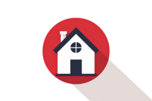illustrated icon of a house with a red circular background and long shadow, symbolizing home, property or accommodation. png
