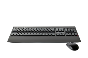 Wireless black keyboard and mouse set on transparent background. ideal for offices and home setups, showcasing modern technology and convenience. png