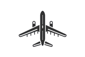 Black and white illustration of an airplane viewed from above, ideal for aviation, travel, and transportation-themed projects. png