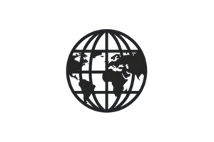 Black and white globe symbol representing global connection, world map, and international communication. Ideal for business and travel themes. png