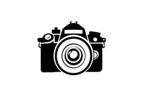 Black and white camera icon with a lens and buttons, perfect for representing photography or multimedia content in digital designs. png