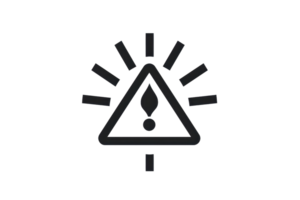 Black and white warning sign with an exclamation point in a triangle and rays symbolizing caution and alertness. png