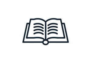Black and white icon of an open book. Simple line art design perfect for educational, library, or literary themes. Isolated on a transparent background. png