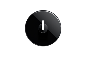 Close-up of a black round power button, symbolizing technology and control, isolated on a black background. png