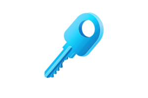 Digital illustration of a blue key icon on a transparent background, symbolizing access, security, and unlocking potential. png