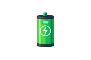 Illustration of a green battery icon with a lightning bolt symbol representing energy, power, and electricity on a transparent background. png