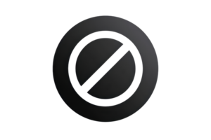 Close-up photograph of a sleek, round, black icon with a diagonal line through the center, symbolizing restriction or prohibition. png