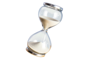Classic glass hourglass with flowing sand. Concept of time, deadline, countdown, or patience. Isolated on a transparent background. png