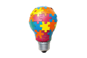Colorful light bulb made of puzzle pieces symbolizing creativity, innovation, and problem-solving on a transparent background. png
