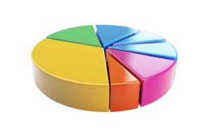 Colorful 3D pie chart illustration representing data, analytics, and business information visualization. Perfect for presentations and reports. png