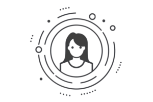 Minimalistic avatar icon of a woman surrounded by circular graphs and data elements, symbolizing modern technology and data analysis. png