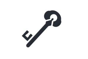 Minimalistic black and white icon of a key with an intricate design, representing access, security, or unlocking potential. png