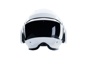 Front view of a sleek, modern white helmet with a dark visor, perfect for safety and style in motorcycling or other high-speed activities. png