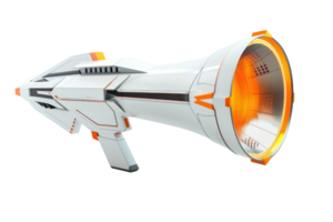 Futuristic sci-fi laser gun with sleek white and orange design, perfect for gaming and science fiction themes. png
