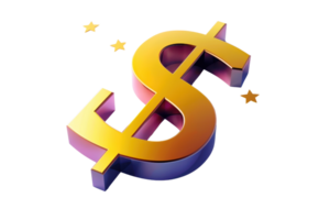 Golden dollar sign symbol with sparkling stars on a transparent background, representing wealth, prosperity, and financial success. png