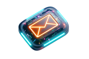 Glowing neon email icon surrounded by digital circuits, representing modern communication technology in a futuristic design. png