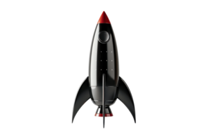 Sleek black rocket ship with red accents and fins, isolated on transparent background. Perfect for space, sci-fi, and futuristic themes. png