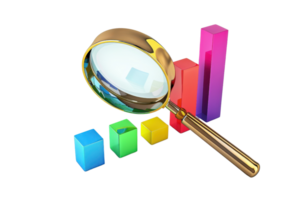 Magnifying glass focusing on colorful 3D bar graph, symbolizing analysis and scrutiny in business, data inspection, and financial review. png