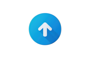 Minimalist blue up arrow icon with long shadow on transparent background, representing download, direction, or navigation concept. png