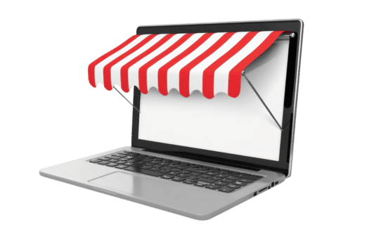 computador portátil com uma listrado toldo representando a conectados loja conceito. ideal para comércio eletrônico, digital marketing, e conectados compras temas. png