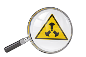Magnifying glass highlighting a yellow caution sign with multiple arrows, suggesting risk and decision-making, isolated on transparent background. png