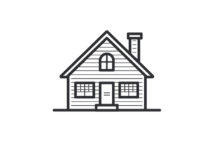 Simple black and white illustration of a house with a chimney, perfect for real estate, home, and architecture related projects. png