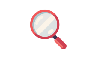 Illustration of a red-handled magnifying glass with a white lens, set against a transparent background. Perfect for search, discovery, or investigation themes. png