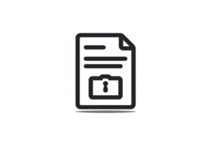 Minimalistic black and white icon depicting a document with a padlock, symbolizing security and protection of information. png
