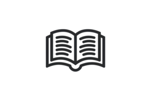 Minimalistic black and white icon of an open book, representing knowledge, learning, and education on a transparent background. png