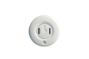 Close-up image of a white smoke detector against a transparent background. highlighting its design and safety features for home and office use. png