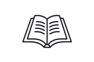 Minimalistic black and white icon of an open book, ideal for educational content, literature, and e-learning materials. png