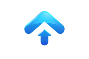 Blue 3D upload arrow icon on a transparent background, symbolizing cloud storage or data transfer in digital technology. png